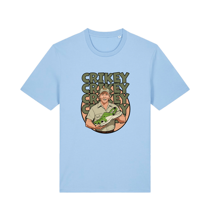 light blue graphic t-shirt inspired by steve irwin, with a person holding a croc and the text crikey