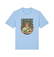 light blue graphic t-shirt inspired by steve irwin, with a person holding a croc and the text crikey
