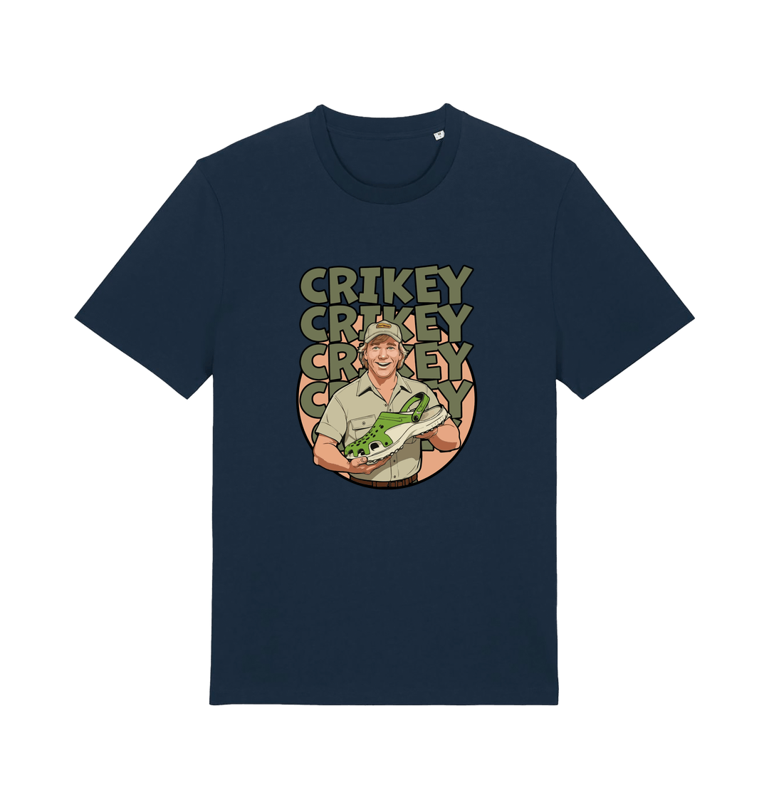 navy graphic t-shirt inspired by steve irwin, with a person holding a croc and the text crikey