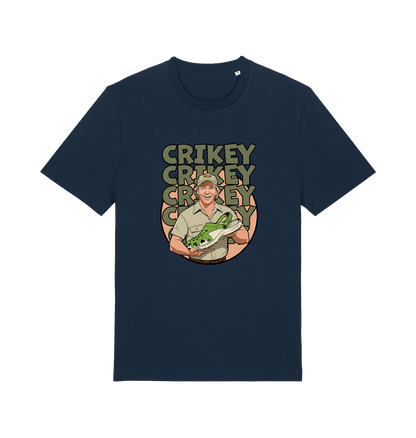 navy graphic t-shirt inspired by steve irwin, with a person holding a croc and the text crikey