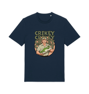 navy graphic t-shirt inspired by steve irwin, with a person holding a croc and the text crikey