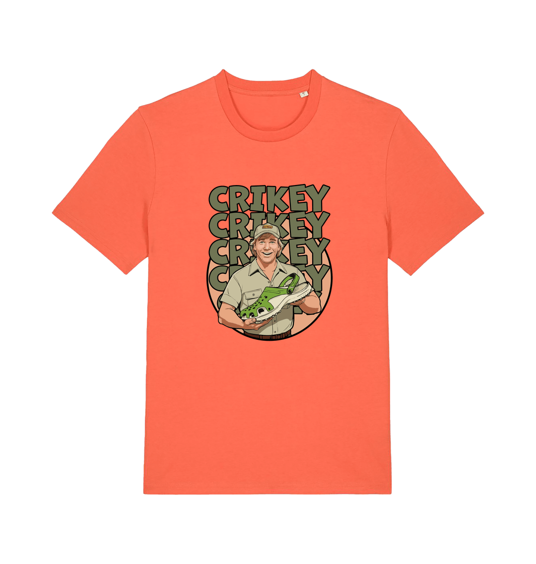 orange graphic t-shirt inspired by steve irwin, with a person holding a croc and the text crikey
