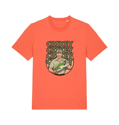 orange graphic t-shirt inspired by steve irwin, with a person holding a croc and the text crikey