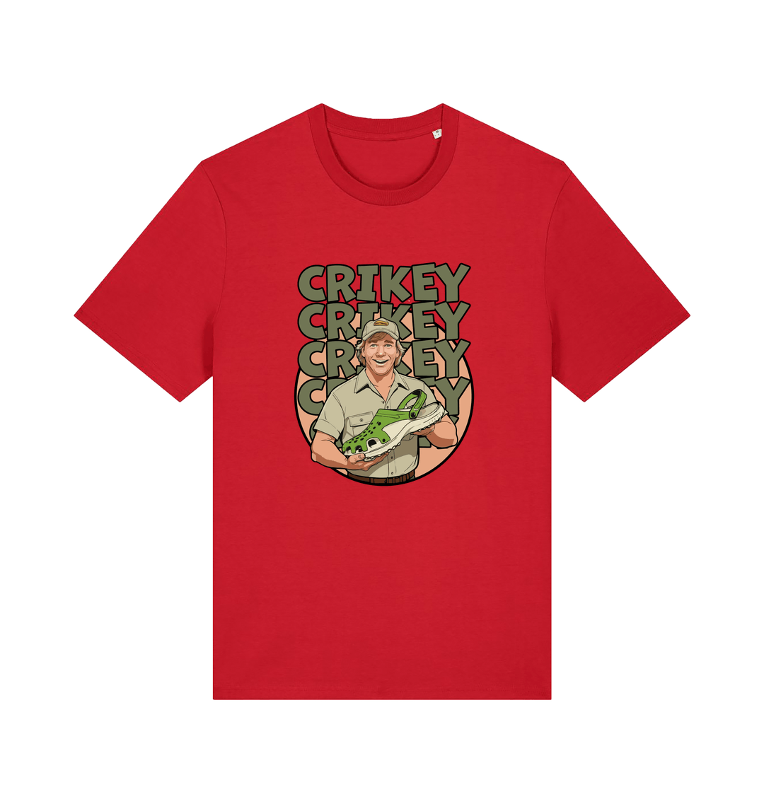 red graphic t-shirt inspired by steve irwin, with a person holding a croc and the text crikey