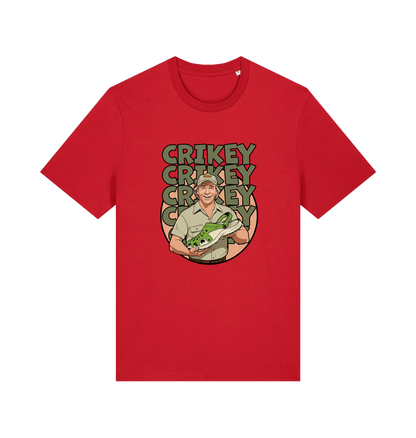 red graphic t-shirt inspired by steve irwin, with a person holding a croc and the text crikey