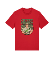 red graphic t-shirt inspired by steve irwin, with a person holding a croc and the text crikey