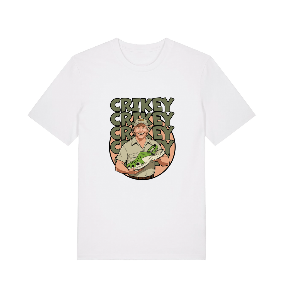 white graphic t-shirt inspired by steve irwin, with a person holding a croc and the text crikey