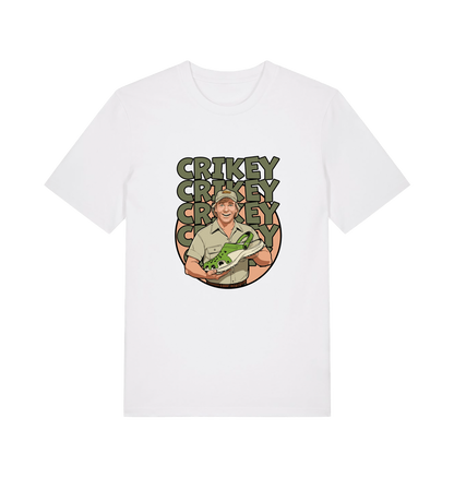 white graphic t-shirt inspired by steve irwin, with a person holding a croc and the text crikey