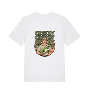 white graphic t-shirt inspired by steve irwin, with a person holding a croc and the text crikey