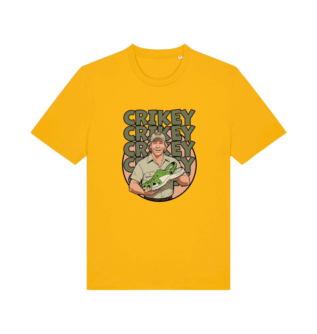 yellow graphic t-shirt inspired by steve irwin, with a person holding a croc and the text crikey