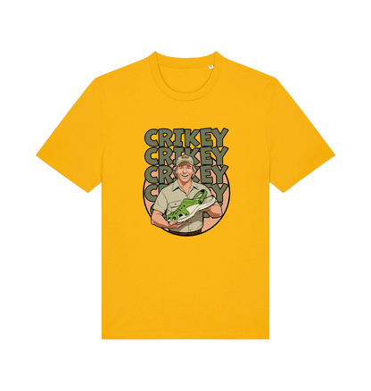 yellow graphic t-shirt inspired by steve irwin, with a person holding a croc and the text crikey