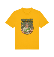 yellow graphic t-shirt inspired by steve irwin, with a person holding a croc and the text crikey