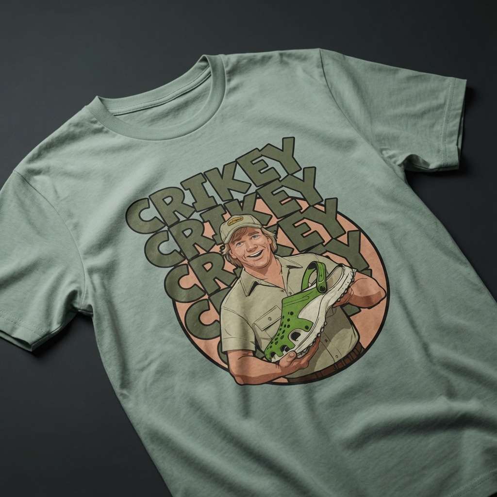 Green Crikey Crocs t-shirt, fun humorous witty steve irwin pun tee