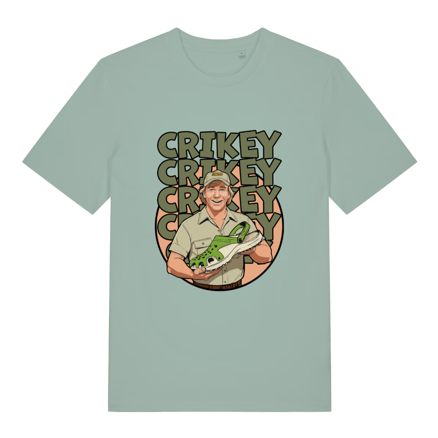 Green women's Crikey Crocs T-shirt flat lay with funny Steve Irwin style holding green Croc graphic