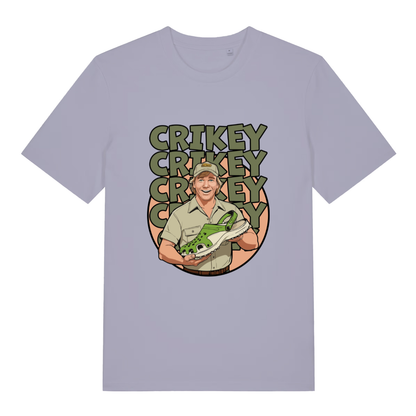 Lavender women's Crikey Crocs T-shirt flat lay featuring bold "Crikey Crikey Crikey" pun design
