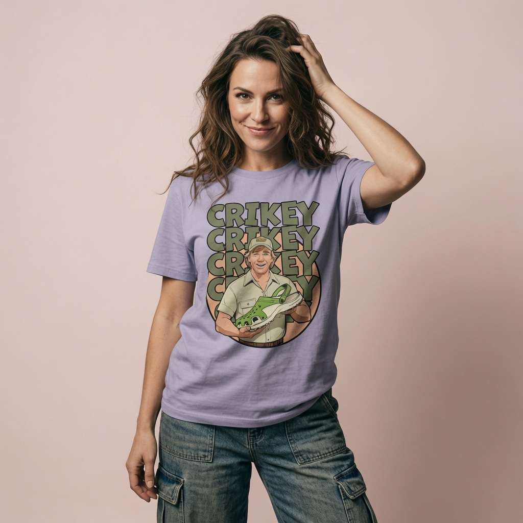 Woman in lavender Crikey Crocs tee, fun witty croc hunter pun ladies gift