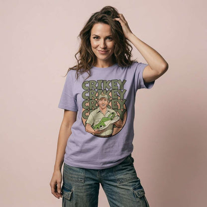 Woman in lavender Crikey Crocs tee, fun witty croc hunter pun ladies gift