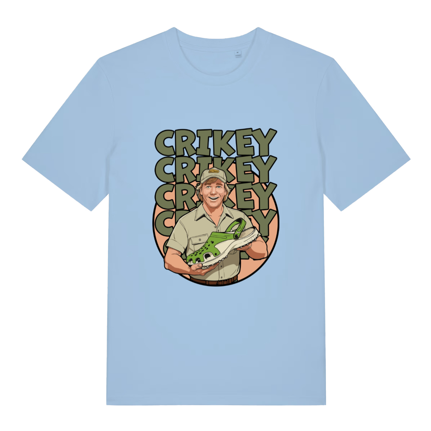 Light blue women's Crikey Crocs T-shirt flat lay showing cheeky wildlife presenter Croc shoe illustration