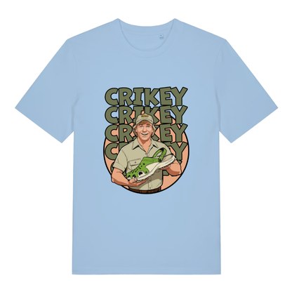 Light blue women's Crikey Crocs T-shirt flat lay showing cheeky wildlife presenter Croc shoe illustration