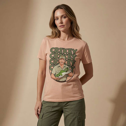 Woman in peach Crikey Crocs t-shirt, ladies crocs pun crikey graphic tee