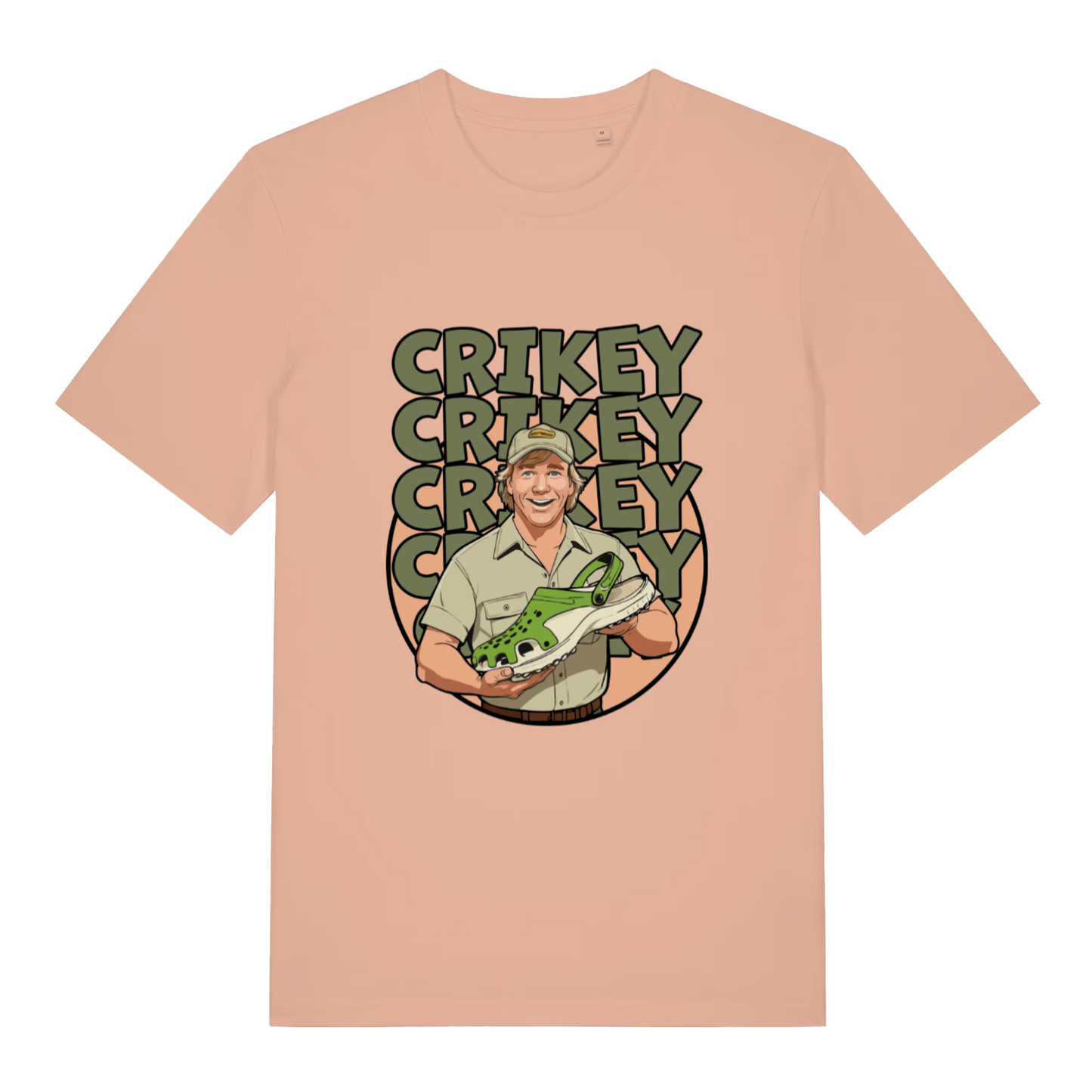 Peach women's Crikey Crocs T-shirt flat lay with vibrant Steve Irwin parody holding Croc