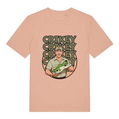 Peach women's Crikey Crocs T-shirt flat lay with vibrant Steve Irwin parody holding Croc