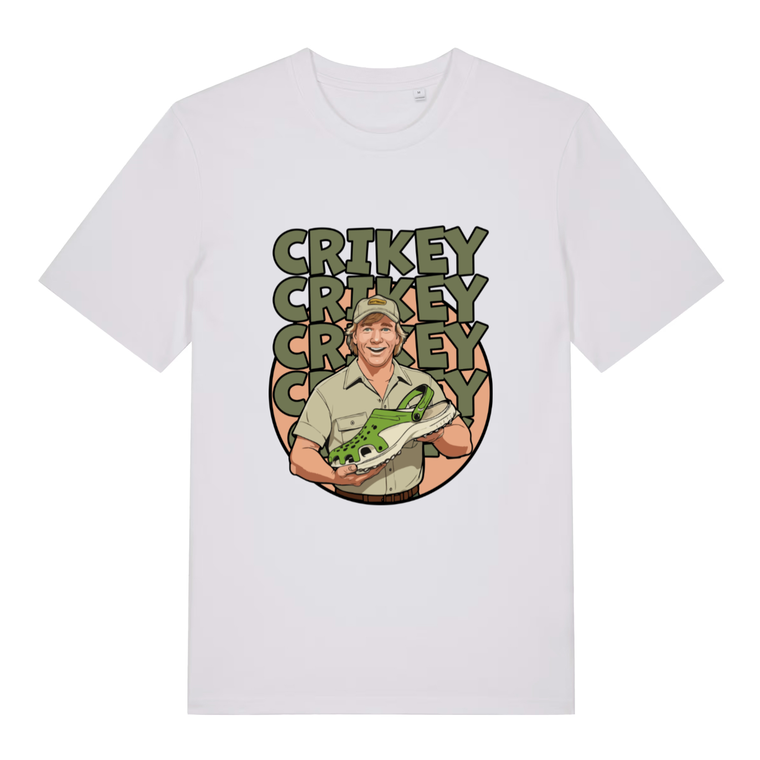 White women's Crikey Crocs T-shirt flat lay displaying humorous "Crikey" Crocs meme graphic