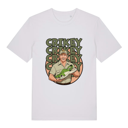 White women's Crikey Crocs T-shirt flat lay displaying humorous "Crikey" Crocs meme graphic