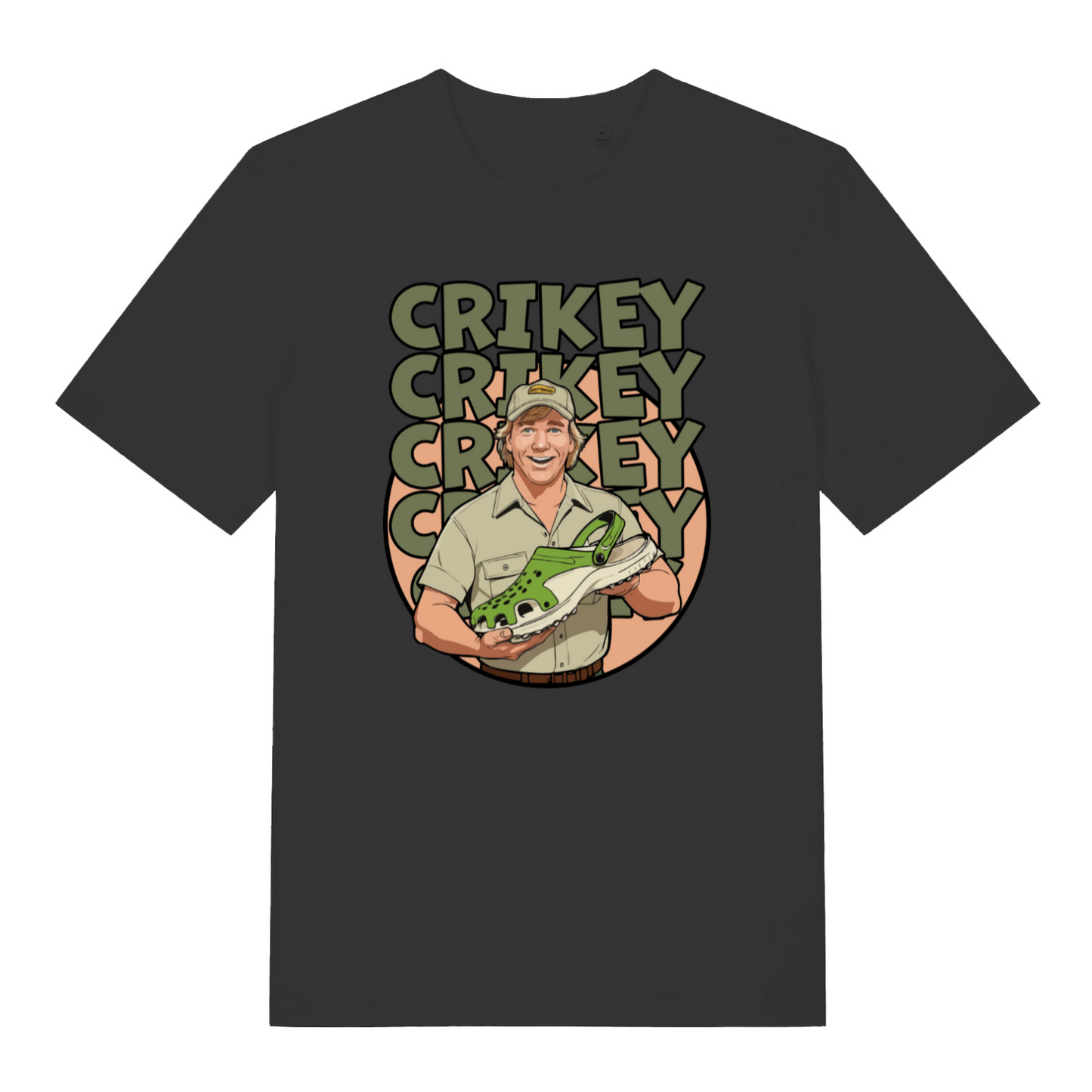 black graphic t-shirt with steve irwin holding a croc shoe and the slogan 'crikey'