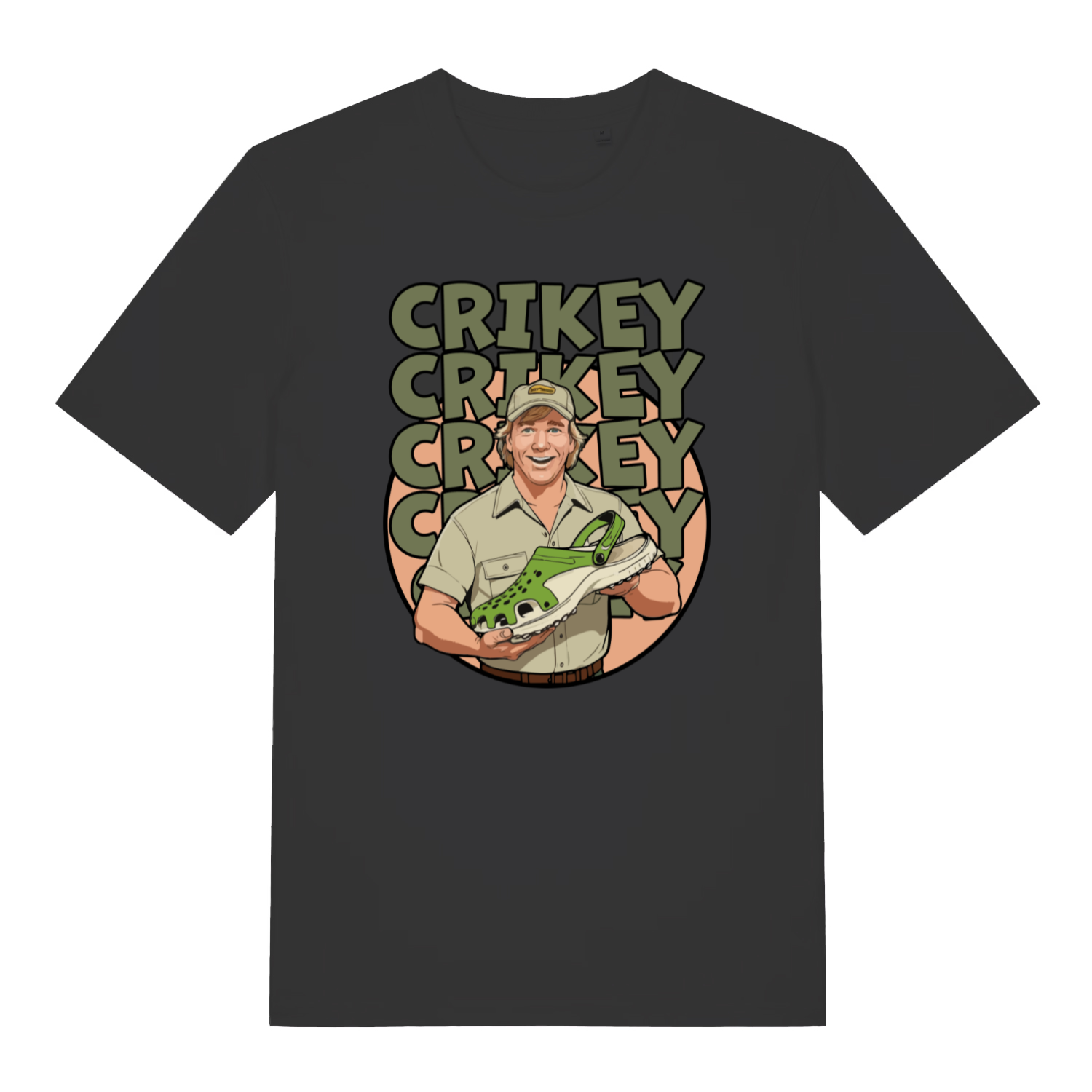 black graphic t-shirt with steve irwin holding a croc shoe and the slogan 'crikey'