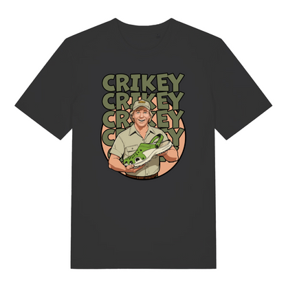 black graphic t-shirt with steve irwin holding a croc shoe and the slogan 'crikey'