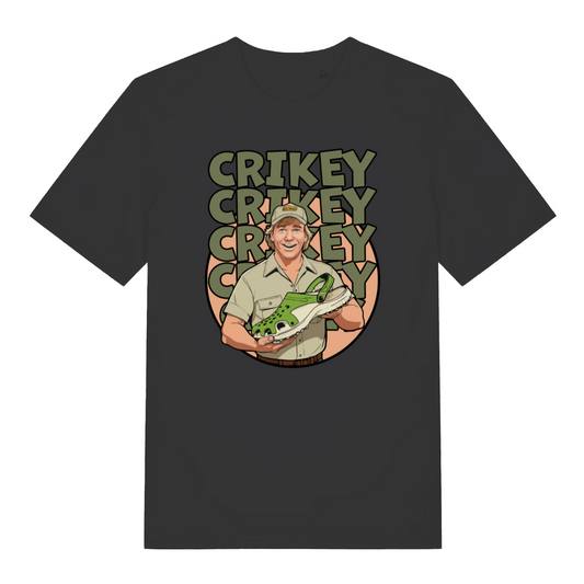 black graphic t-shirt with steve irwin holding a croc shoe and the slogan 'crikey'