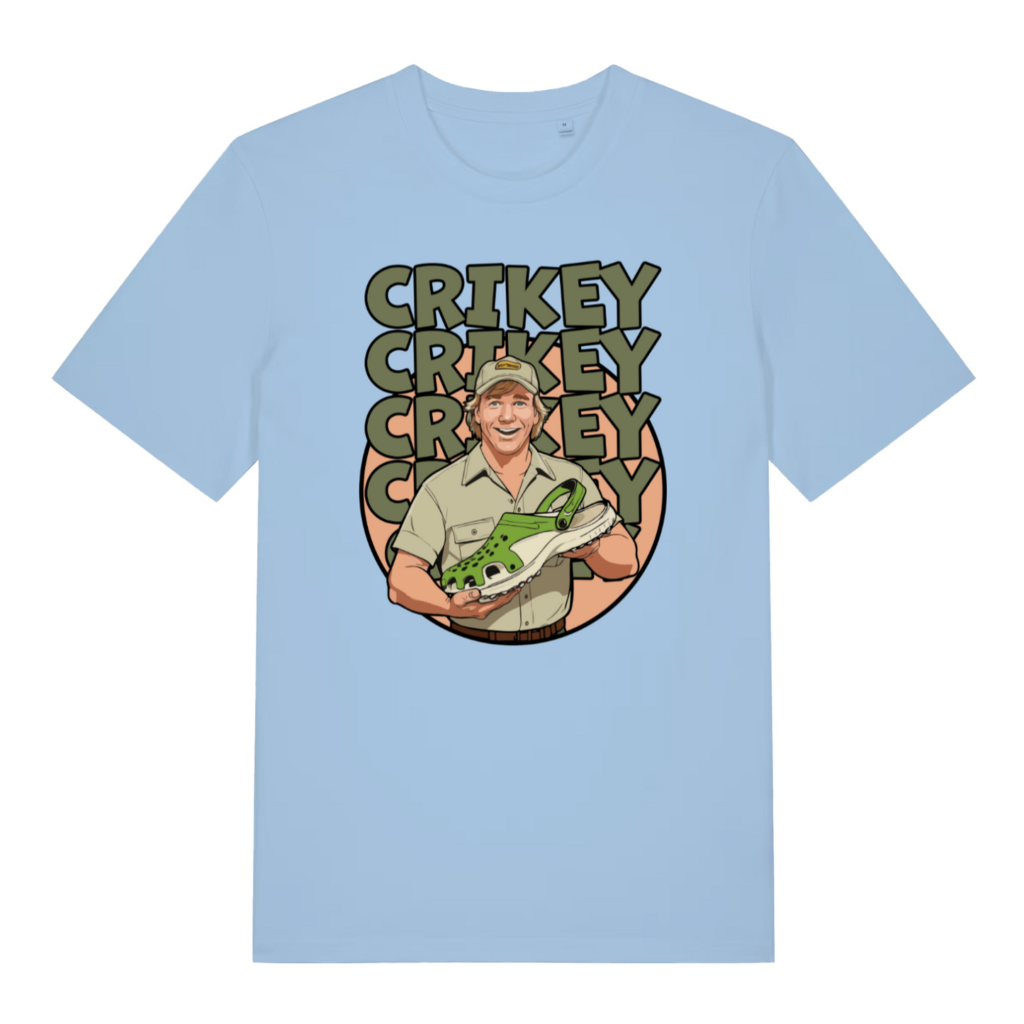 light blue graphic t-shirt with steve irwin holding a croc shoe and the slogan 'crikey'