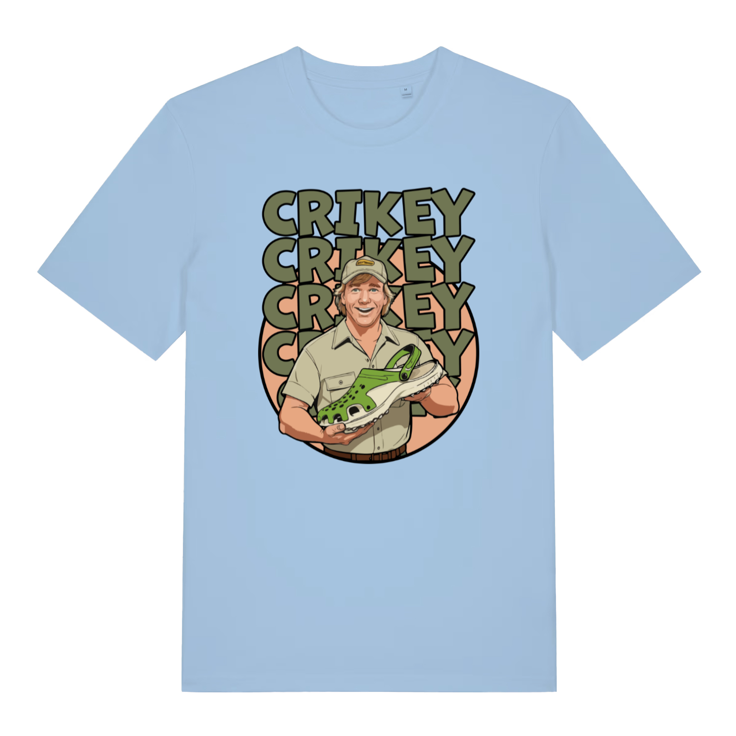 light blue graphic t-shirt with steve irwin holding a croc shoe and the slogan 'crikey'