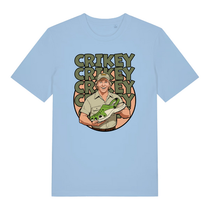 light blue graphic t-shirt with steve irwin holding a croc shoe and the slogan 'crikey'