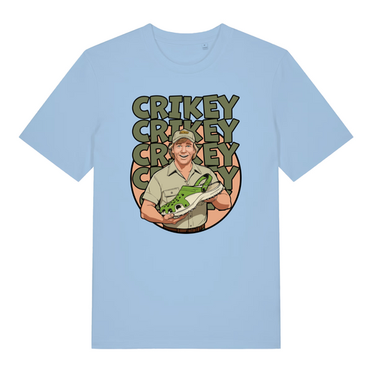 light blue graphic t-shirt with steve irwin holding a croc shoe and the slogan 'crikey'