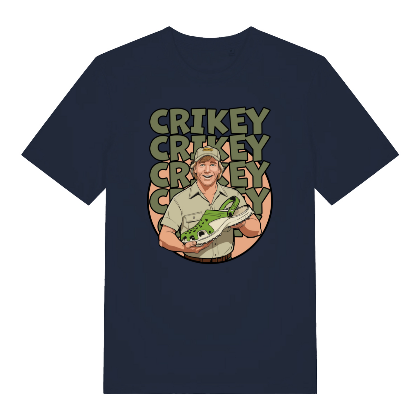 navy graphic t-shirt with steve irwin holding a croc shoe and the slogan 'crikey'