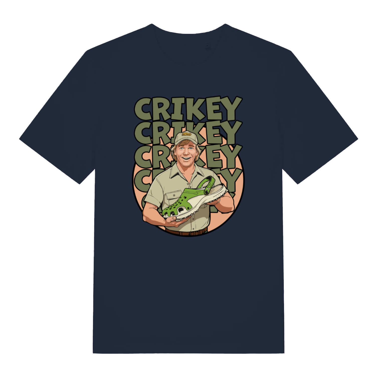 navy graphic t-shirt with steve irwin holding a croc shoe and the slogan 'crikey'