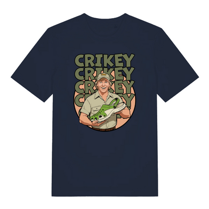 navy graphic t-shirt with steve irwin holding a croc shoe and the slogan 'crikey'