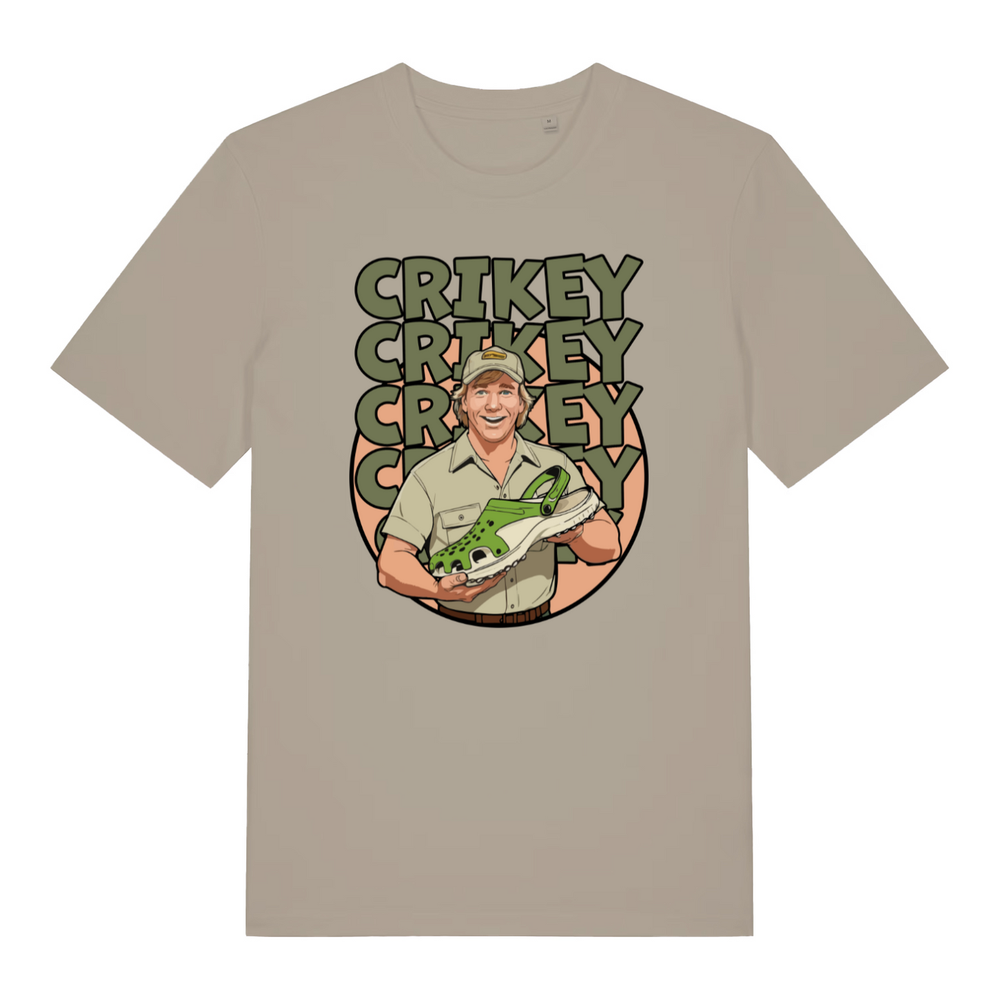 stone graphic t-shirt with steve irwin holding a croc shoe and the slogan 'crikey'