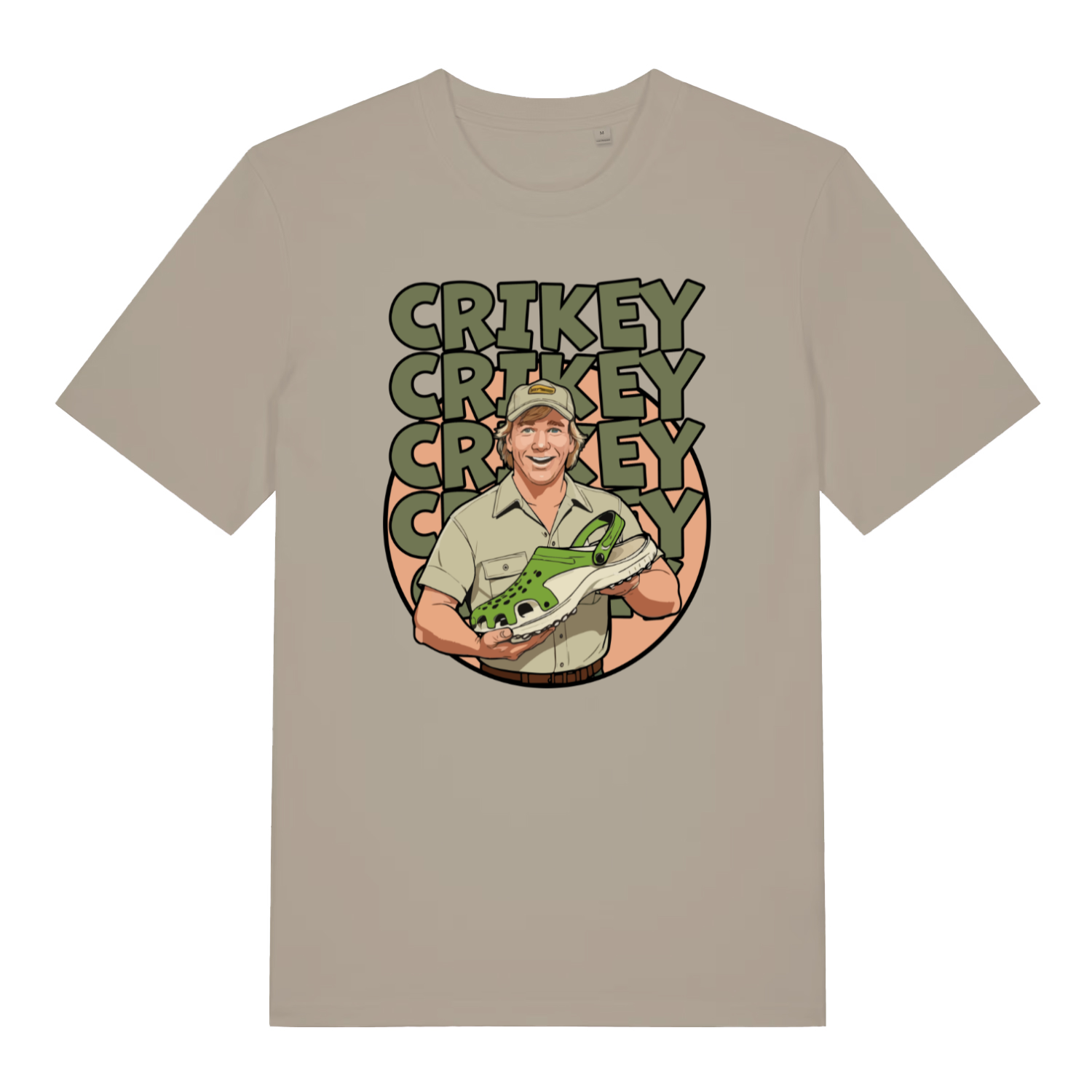 stone graphic t-shirt with steve irwin holding a croc shoe and the slogan 'crikey'