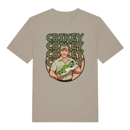 stone graphic t-shirt with steve irwin holding a croc shoe and the slogan 'crikey'