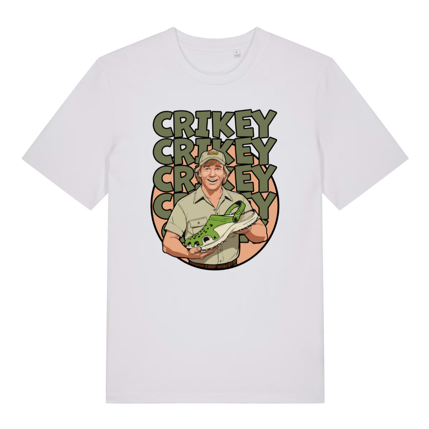 white graphic t-shirt with steve irwin holding a croc shoe and the slogan 'crikey'