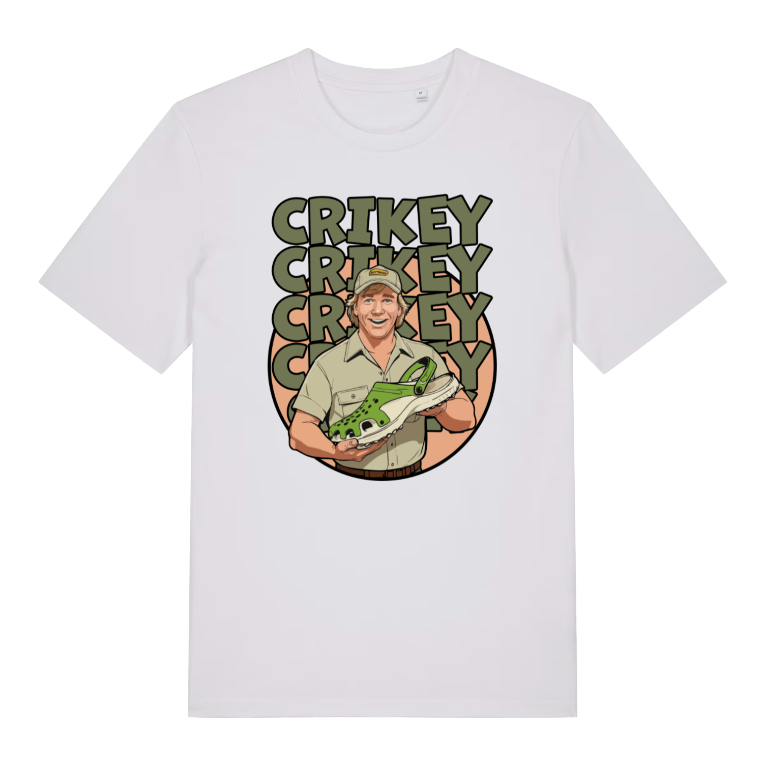 white graphic t-shirt with steve irwin holding a croc shoe and the slogan 'crikey'