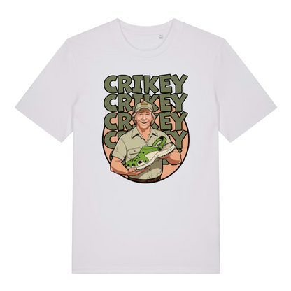 white graphic t-shirt with steve irwin holding a croc shoe and the slogan 'crikey'