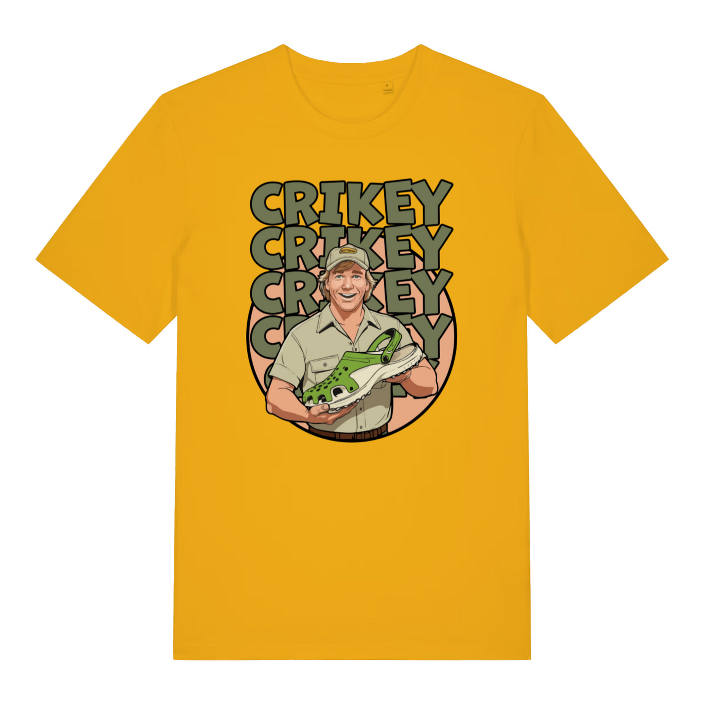 yellow graphic t-shirt with steve irwin holding a croc shoe and the slogan 'crikey'
