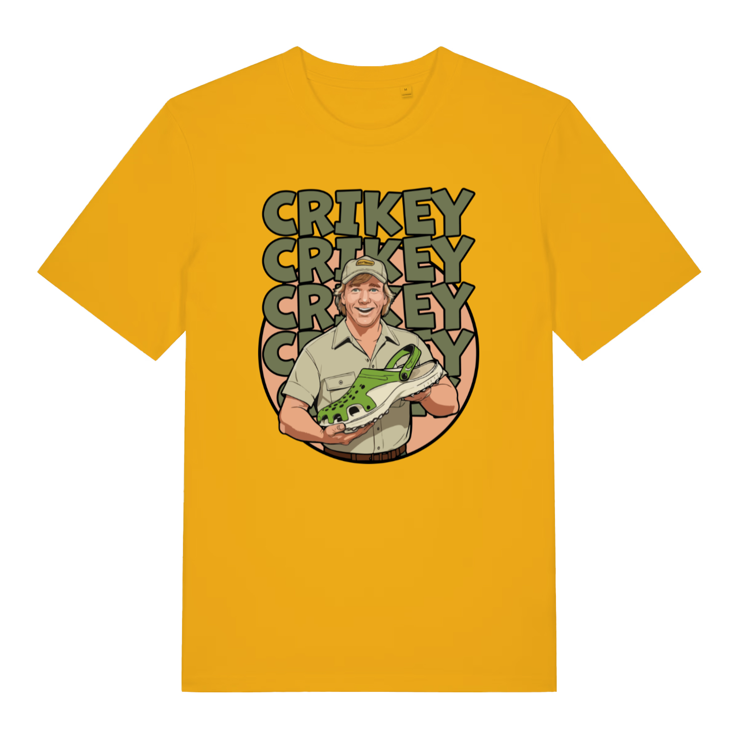 yellow graphic t-shirt with steve irwin holding a croc shoe and the slogan 'crikey'