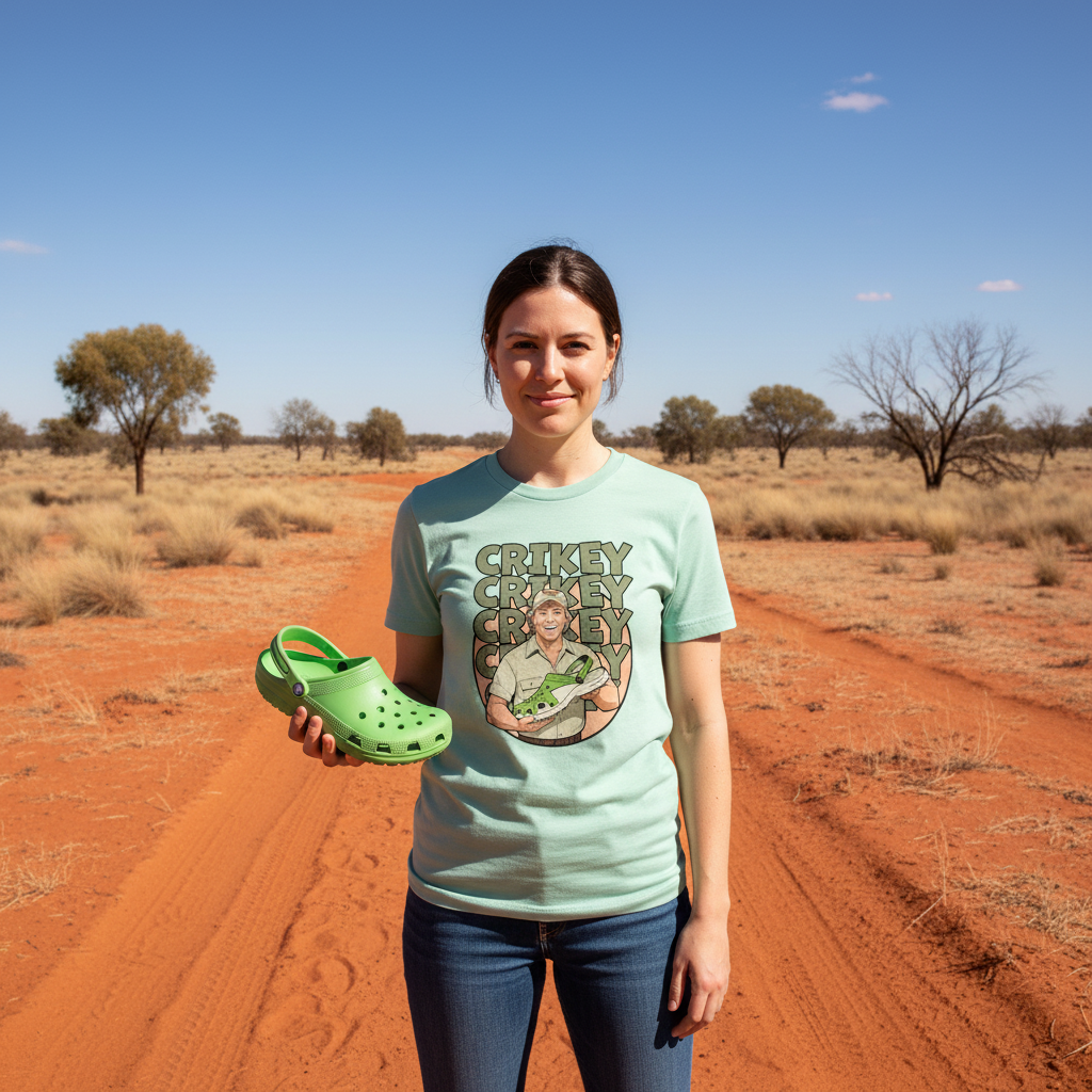 woman wearing a green crikey crocs t-shirt inspired by the late Steve Irwin whilst holding a croc