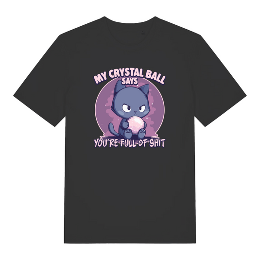 black women's funny offensive t-shirt with the graphic of a cat holding a crystal ball and the slogan 'my crystal ball says you're full of shit'