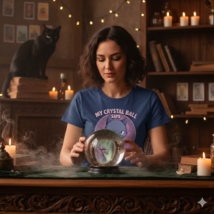 Woman in a blue t-shirt with a crystal ball and cat design, surrounded by candles and books in a mystical setting.